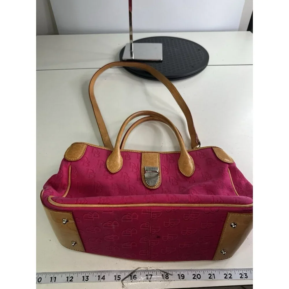 Dooney & Bourke Pink Signature Monogram Tan  Leather Buckle Closure Handbag
